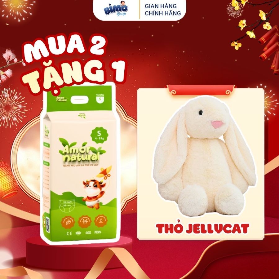 [2A] [QÙA THỎ JELLY CAT] - Combo 2 Bịch Tã/Bỉm Dán/Quần AMOR NATURAL Việt Nam Mỏng Nhẹ, Đủ Size NB68