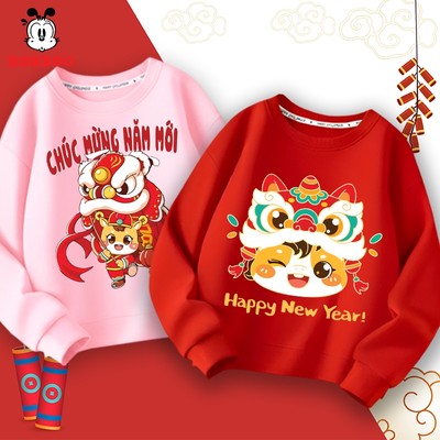 Áo sweater Tết cho bé gái BOBDOG chất cotton da cá, áo dài tay mềm mịn in hình ngựa múa lân cute