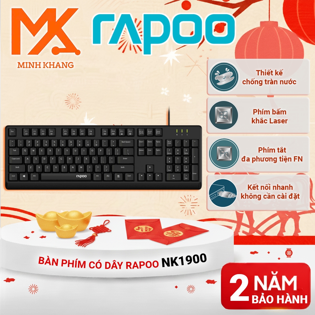 [Chính Hãng]Bàn Phím Có Dây Rapoo NK1900 – Gõ Êm, Thiết Kế Chống Tràn, Kết Nối USB Cho Máy Tính & La