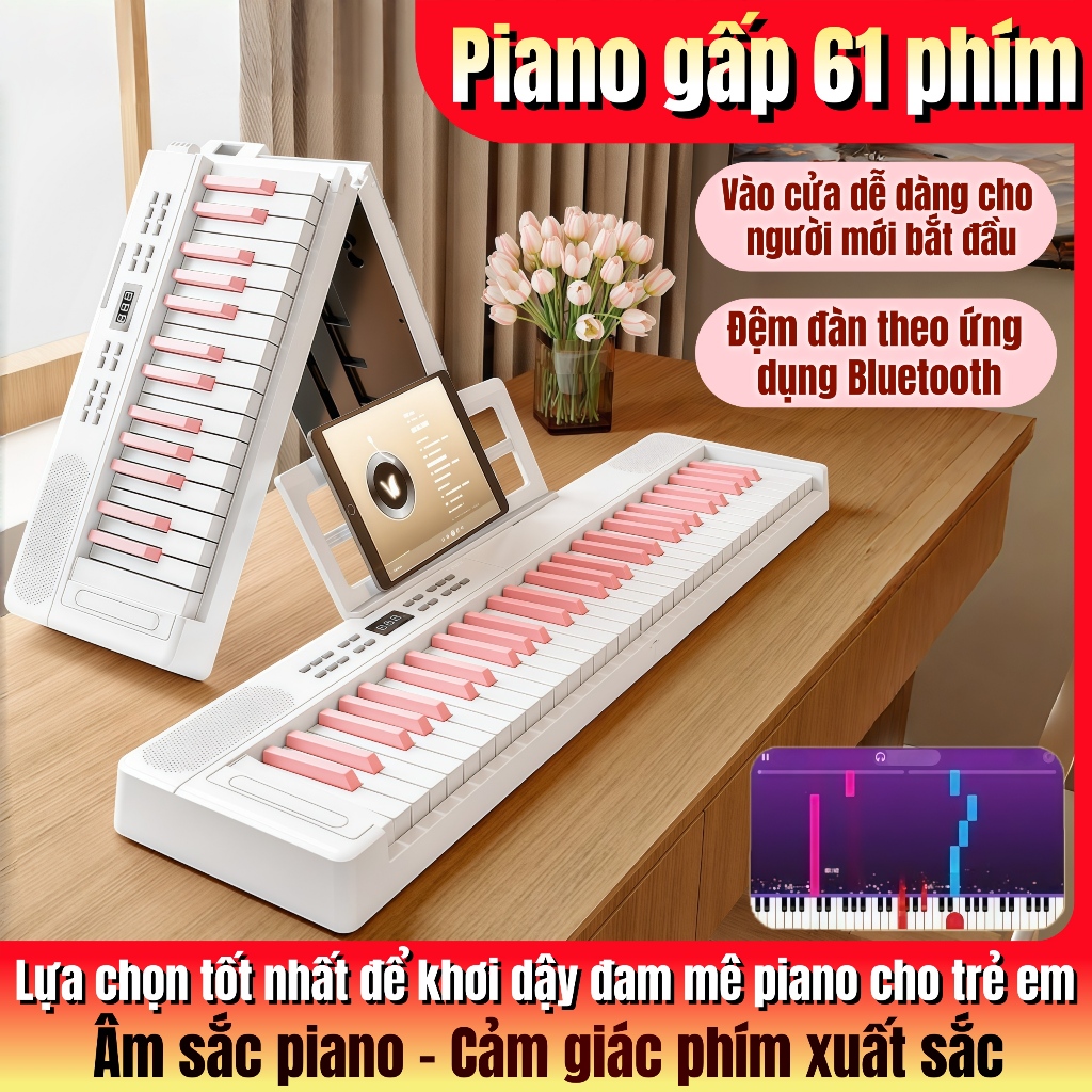 Đàn piano điện Bluetooth 61 phím cho người mới bắt đầu Dạy piano trẻ em Người lớn chơi ngẫu hứng Di động, gấp gọn được
