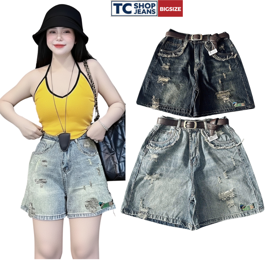 Quần jean ngố lưng thun rách thêu chó xúc xích TC SHOP JEANS bigsize 55-90kg chất jean mềm MS 62