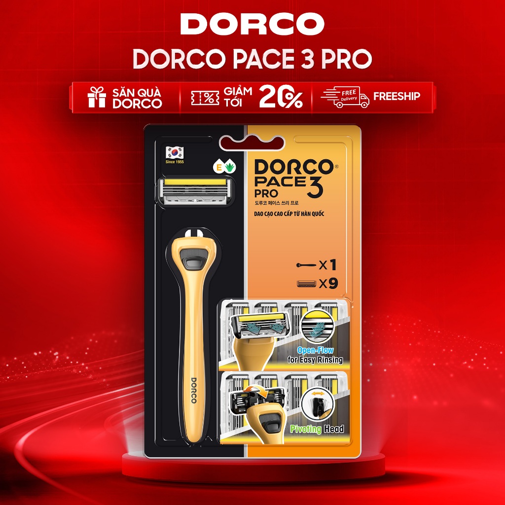 Dao Cạo Râu Hàn Quốc 3 Lưỡi DORCO PACE 3 PRO - TRD7009-B - Gồm 1 Cán Dao và 9 Đầu Cạo