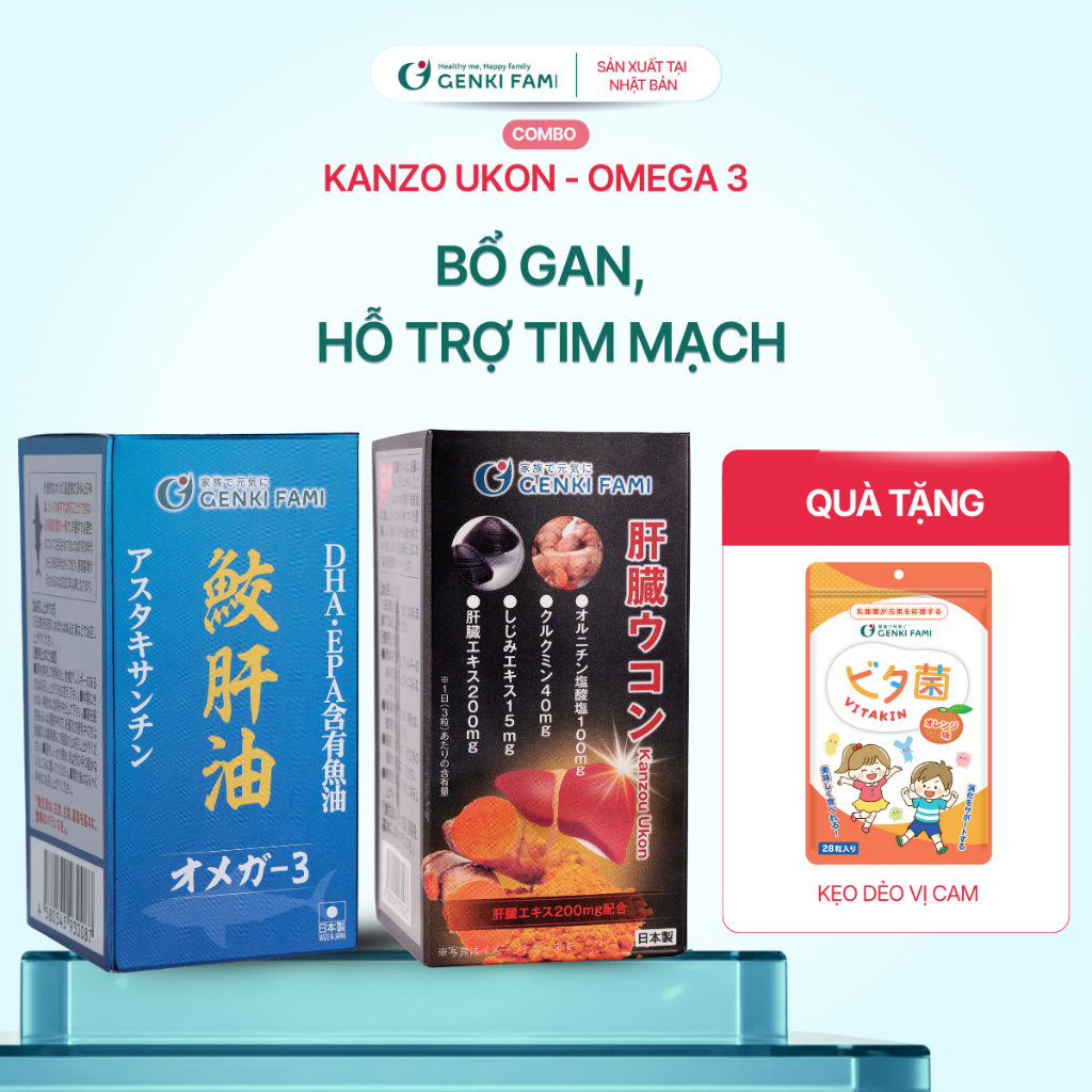 Combo Bổ Gan, Omega 3 Genki Fami Nhật Bản Hộp 90 Viên