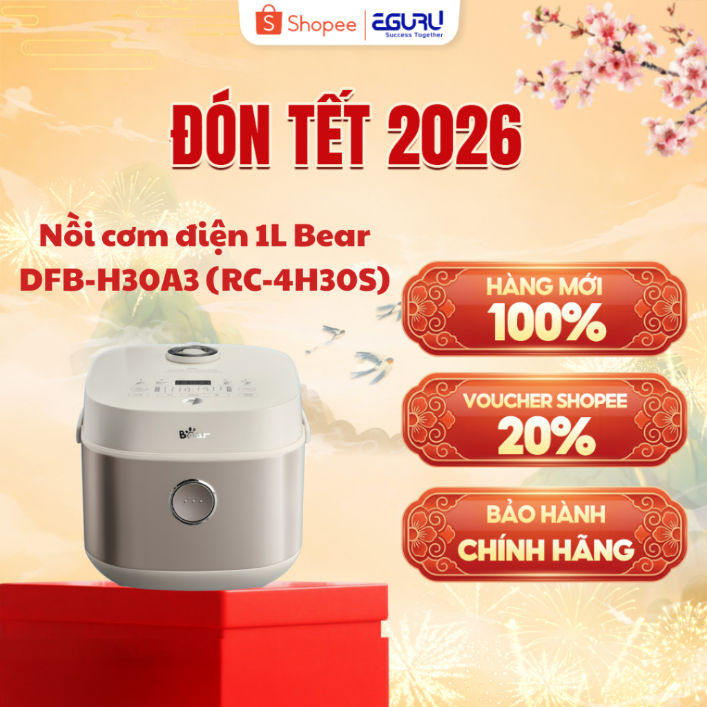 Nồi cơm điện 1L Bear DFB-H30A3 (RC-4H30S), 600W, Lòng Tráng Men, Thiết Kế Tay Cầm, Bảo Hành 18 tháng