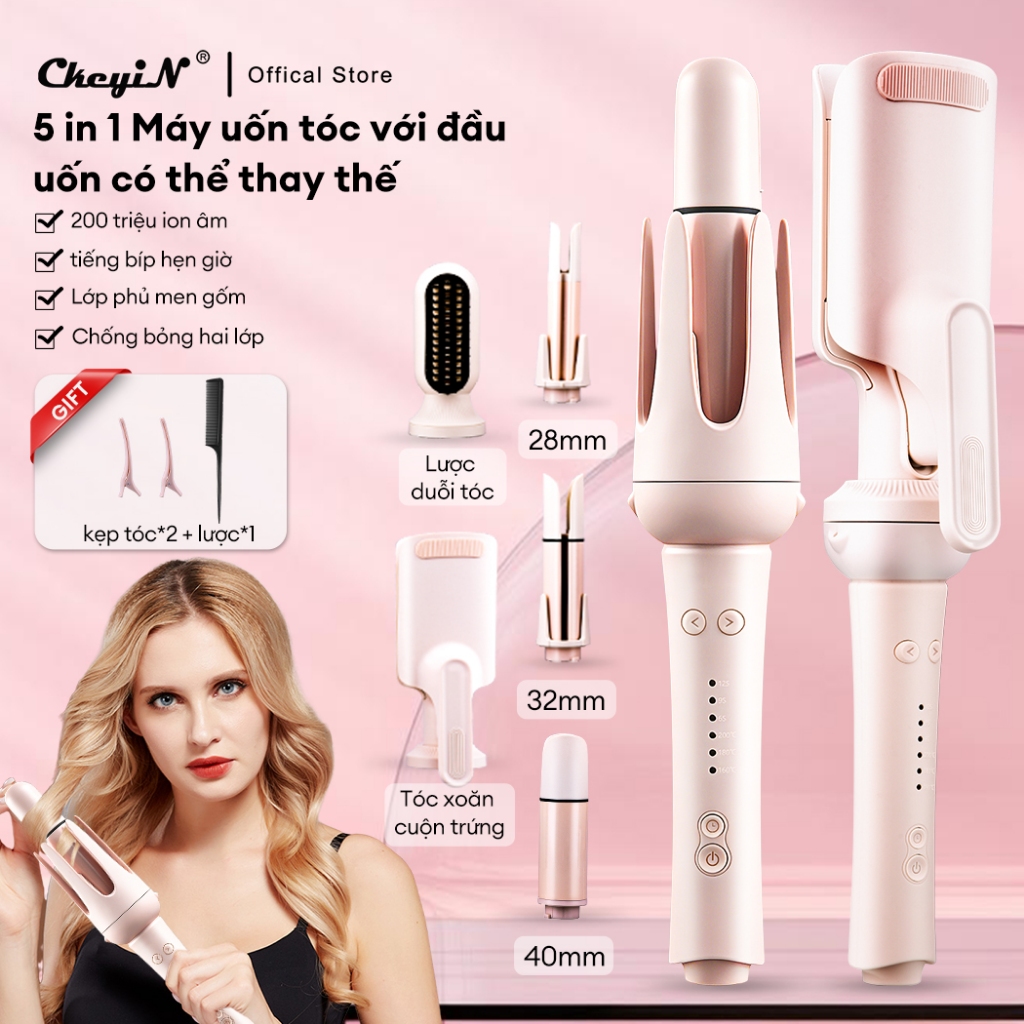 CkeyiN Máy uốn tóc làm xoăn tự động 5in1 3 đầu uốn 40mm 32mm 28mm 1 đầu uốn hippie và 1 đầu lược thẳng HC034P