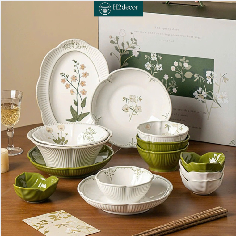 Bộ Bát Đĩa Gốm Sứ Hoa Cỏ Xanh – Phong Cách Vintage Thanh Lịch | Set Ăn Gia Đình Cao Cấp-H2DECOR