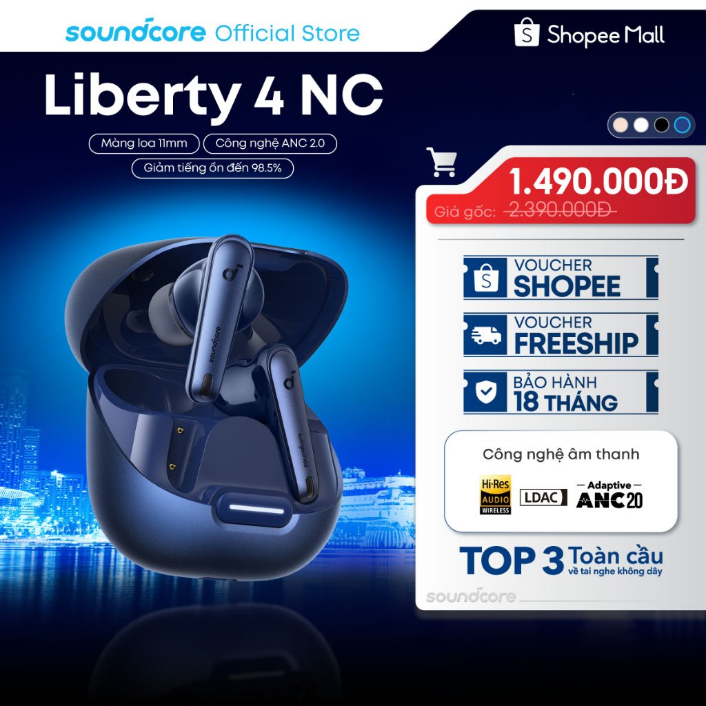 Tai nghe bluetooth soundcore Liberty 4NC | Chống ồn ANC 50 giờ phát nhạc | Sạc nhanh | Tích hợp phiê