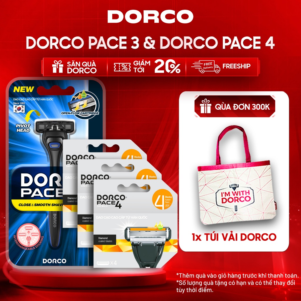Combo 3 Hộp Đầu Cạo Râu 4 Lưỡi DORCO PACE 4 Tặng Dao Cạo Râu DORCO PACE 3 - 3xFRA1040-B & TRA4001-B 