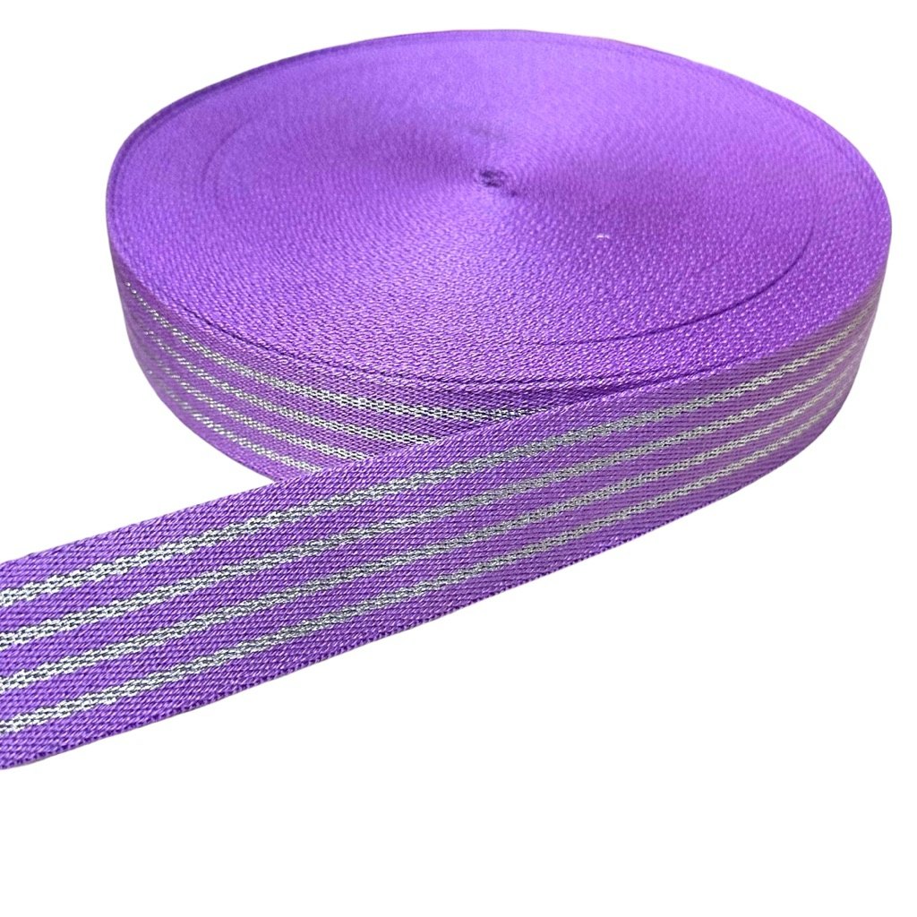 (1 mét) Dây đai 3.8cm sọc tím nhũ bling, phụ kiện balo túi xách (Mã 747)