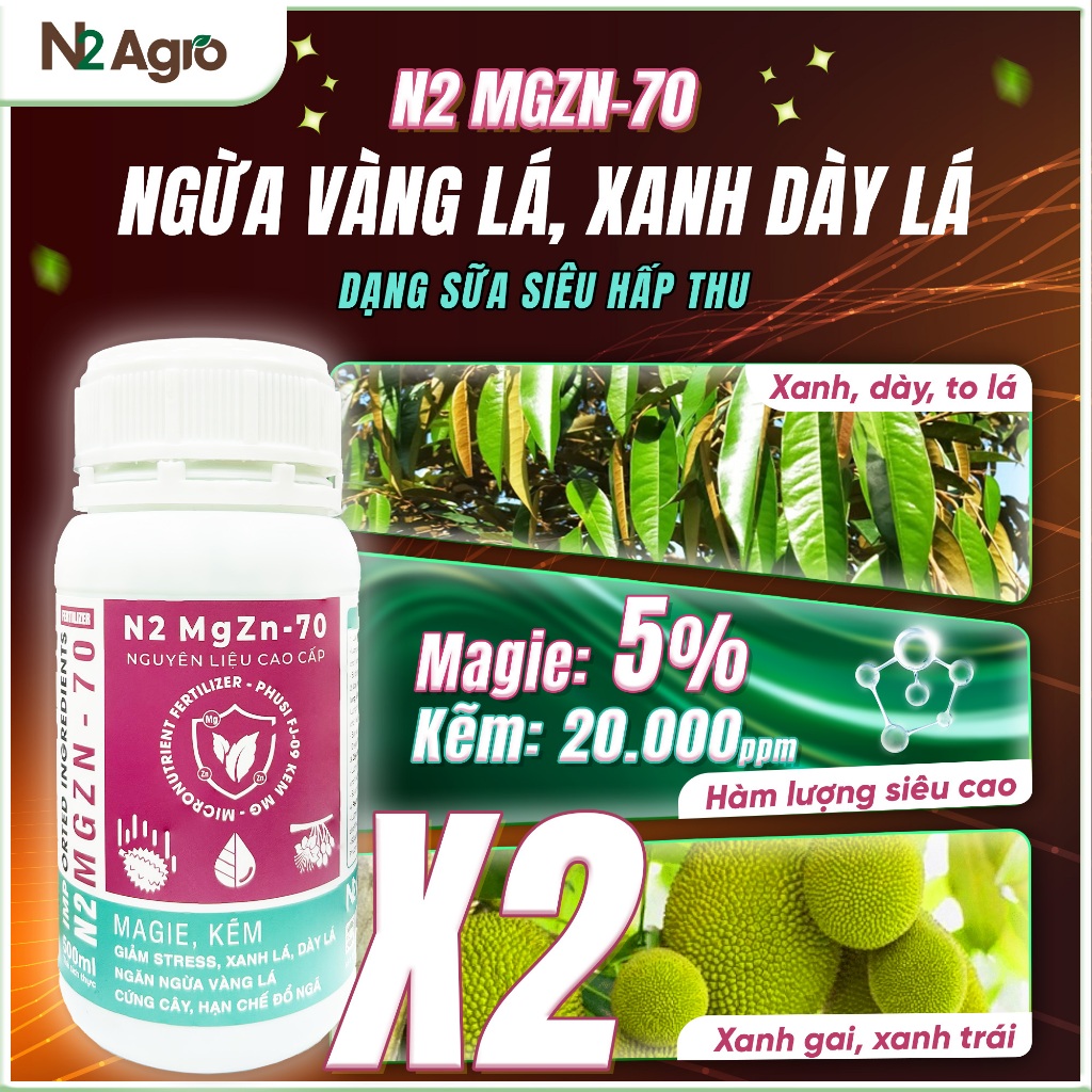 COMBO 2 CHAI Phân Bón N2 Mg Zn - 70 N2 Agro - Dưỡng Xanh Dày Lá - Dạng Sữa 500ml