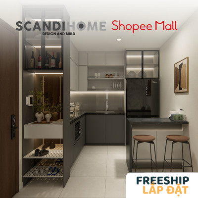 KITCHEN, Tủ bếp chữ L chung cư gỗ công nghiệp và ván nhựa cao cấp BEP_005, kệ bếp Scandi Home