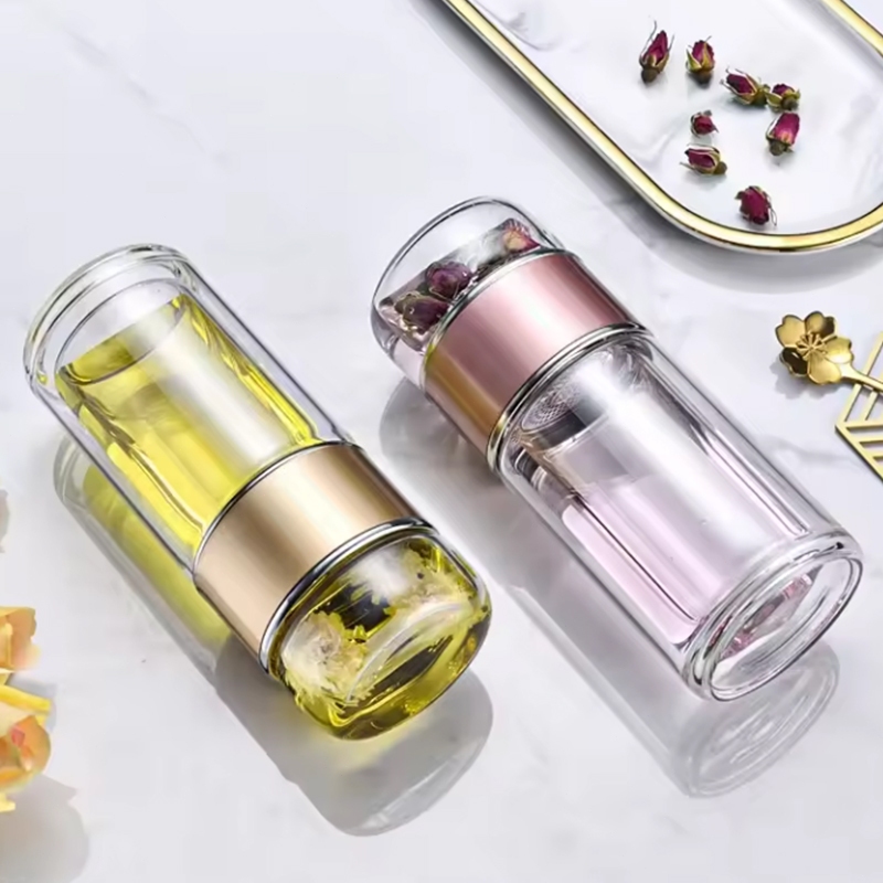 Cốc trà thủy tinh, Bình nước thủy tinh tường đôi 280/350/500ml,  Bộ lọc bằng thép không gỉ tinh tế Một