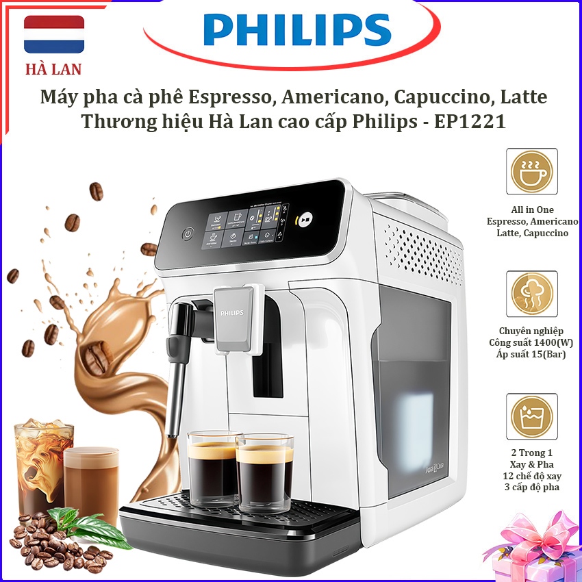 HÀNG CÓ SẴN -  Máy pha cà phê Espresso, Americano tự động và Capuccino, Latte. Thương hiệu Hà Lan Philips - EP1221/69