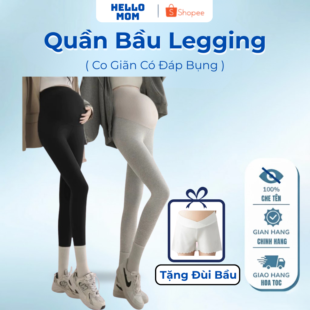 Quần Legging Bầu Đáp Bụng Hello Mom, Quần Legging Bầu Có Chun Điều Chỉnh Chất Cotton Co Giãn 4 Chiều