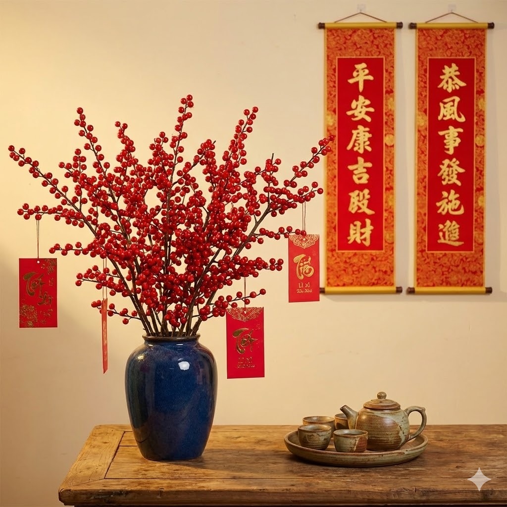 Cành Đào Đông 6 Nhánh 67cm Loại Cao Cấp Đào Giả Trang Trí Tết 2026 Phòng Khách, Văn Phòng