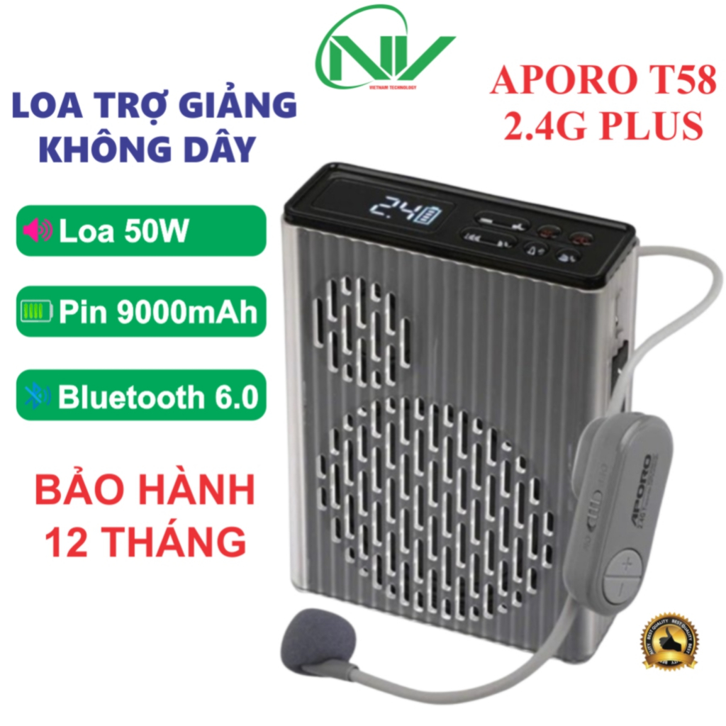 Loa máy trợ giảng không dây Aporo T58 2.4G Plus, công suất 50W pin 9000mAh Bluetooth 6.0