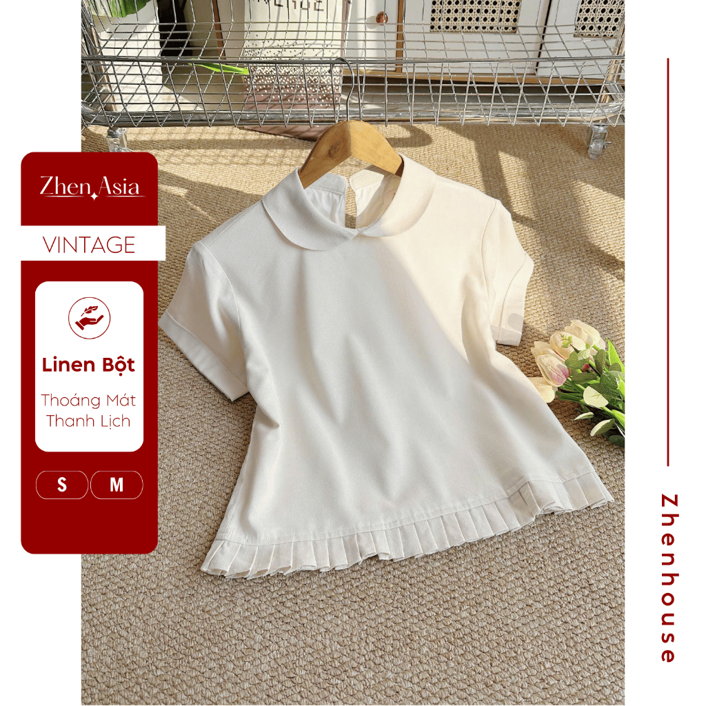 Áo Kiểu Linen Nữ Tay Ngắn Cổ Sen – Viền Xếp Ly Nữ Tính - ZHEN AK06