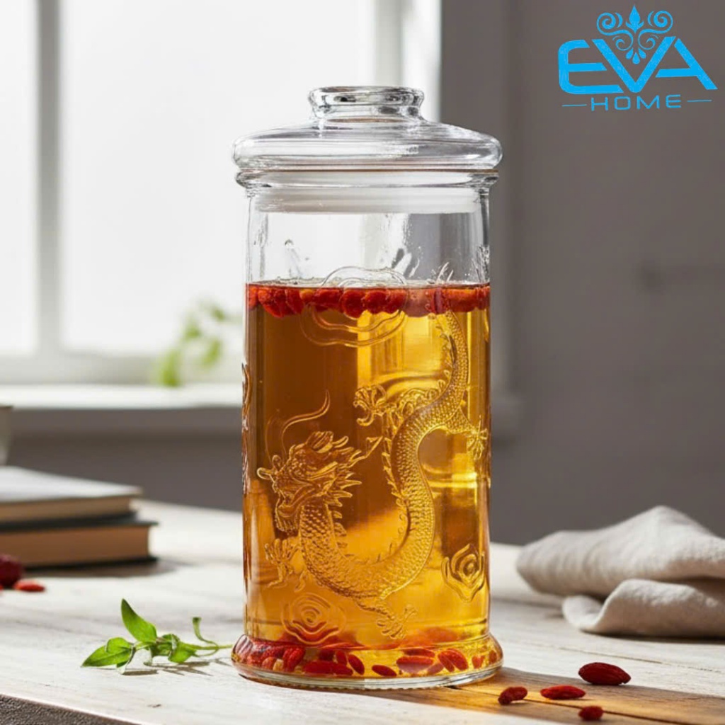 Bình Thủy Tinh Ngâm Rượu 10L Họa Tiết Rồng Cuộn - Bình Ngâm Sâm TR10L Đựng Thực Phẩm Cao Cấp Dày Dặn