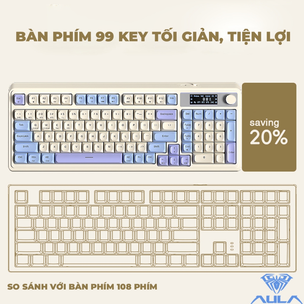 Bàn phím giả cơ 3 mode kết nối AULA S99 PRO gõ tiếng êm phù hợp văn phòng, màn hình tùy chỉnh, LED rainbow | BigBuy360 - bigbuy360.vn