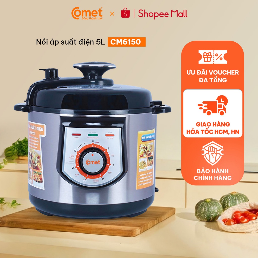 [Hỏa Tốc HCM, HN] Nồi áp suất điện 5L COMET 900W, Đa năng dễ sử dụng, lòng nồi chống dính - CM6150