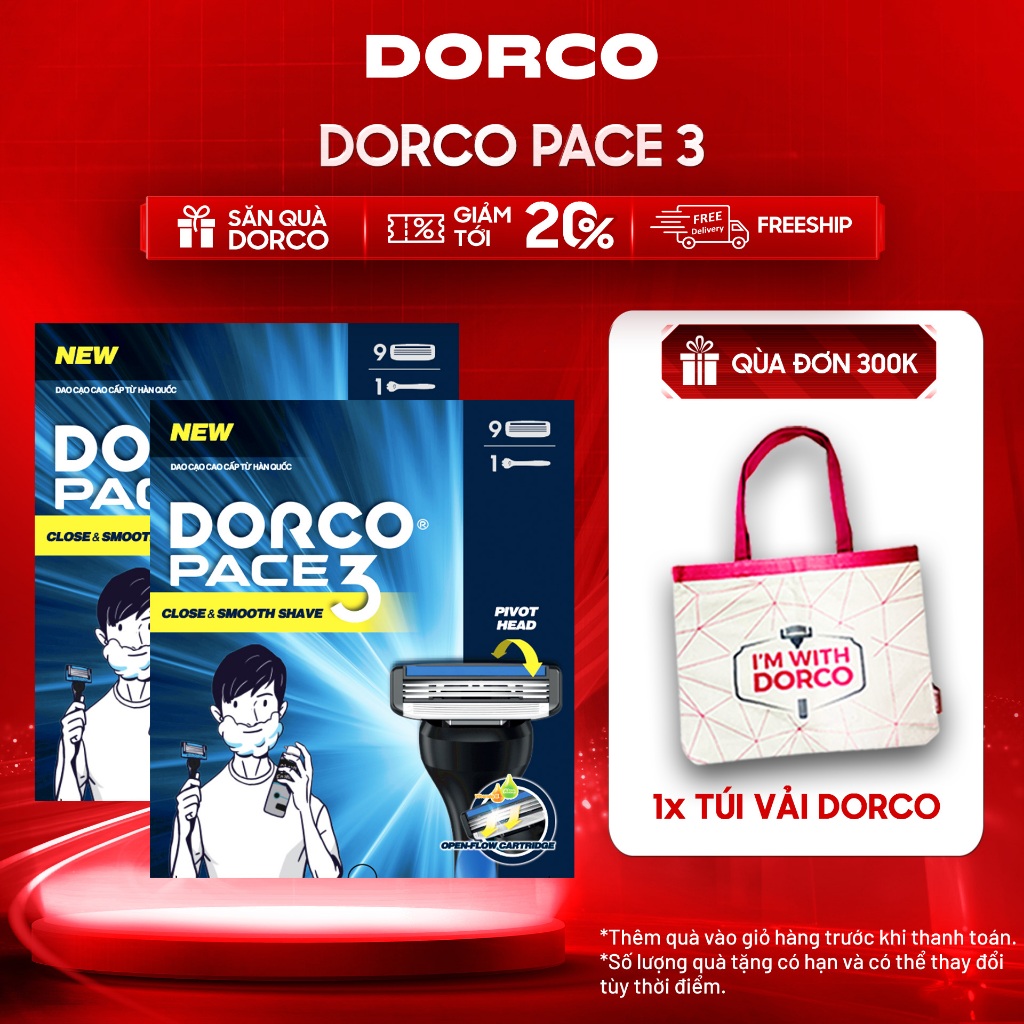 Combo 2 Hộp Dao Cạo Râu Hàn Quốc 3 Lưỡi DORCO PACE 3 - 2x(GIFT)TRA4009 - Gồm 2 Cán + 18 Đầu Cạo