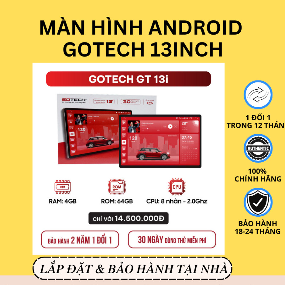 [HÀNG MỚI] Màn Hình Android  Gotech | 13 Inch |  Liền Camera 360