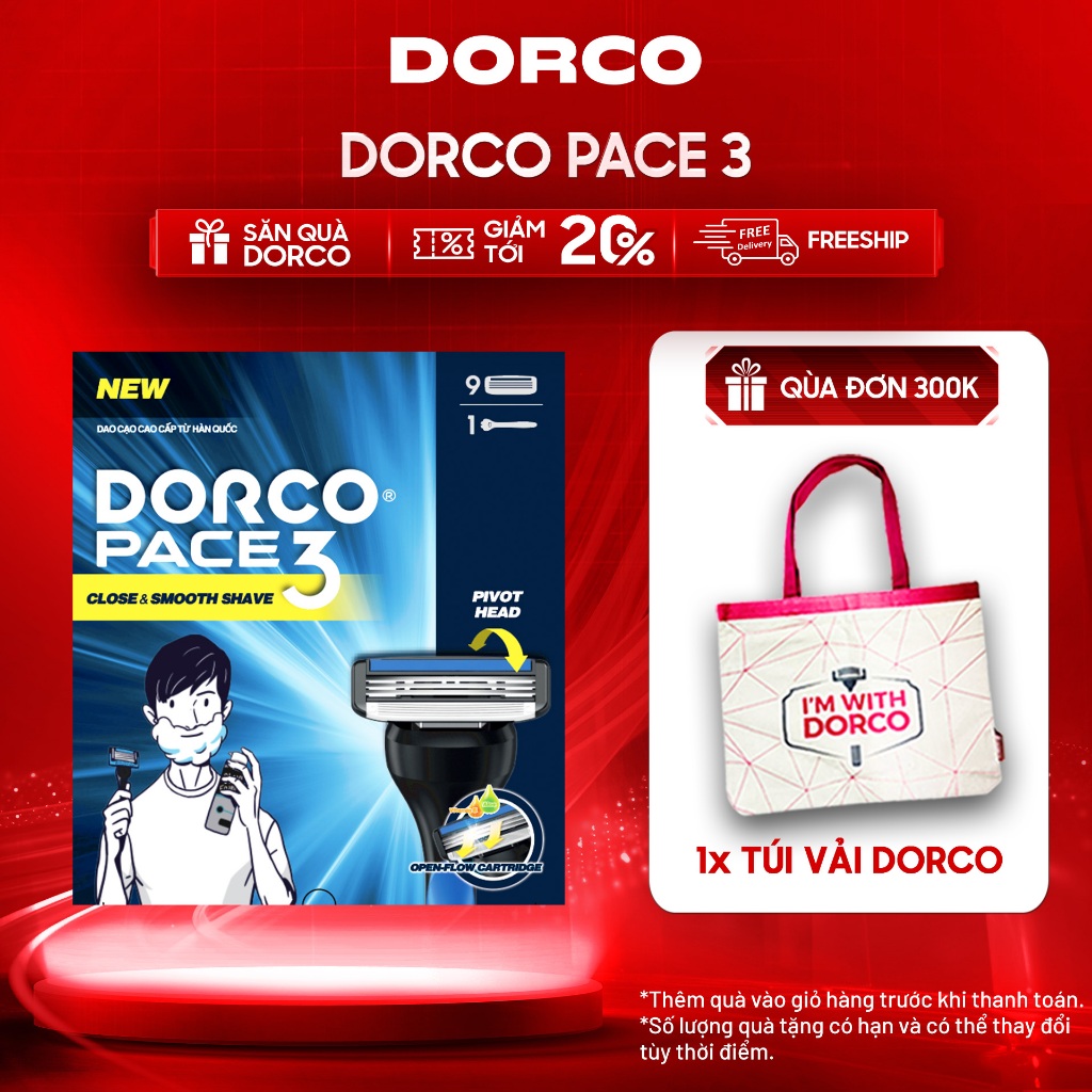 Dao Cạo Râu Hàn Quốc 3 Lưỡi DORCO PACE 3 - (GIFT)TRA4009 - HộP 1 Cán và 9 Đầu Cạo
