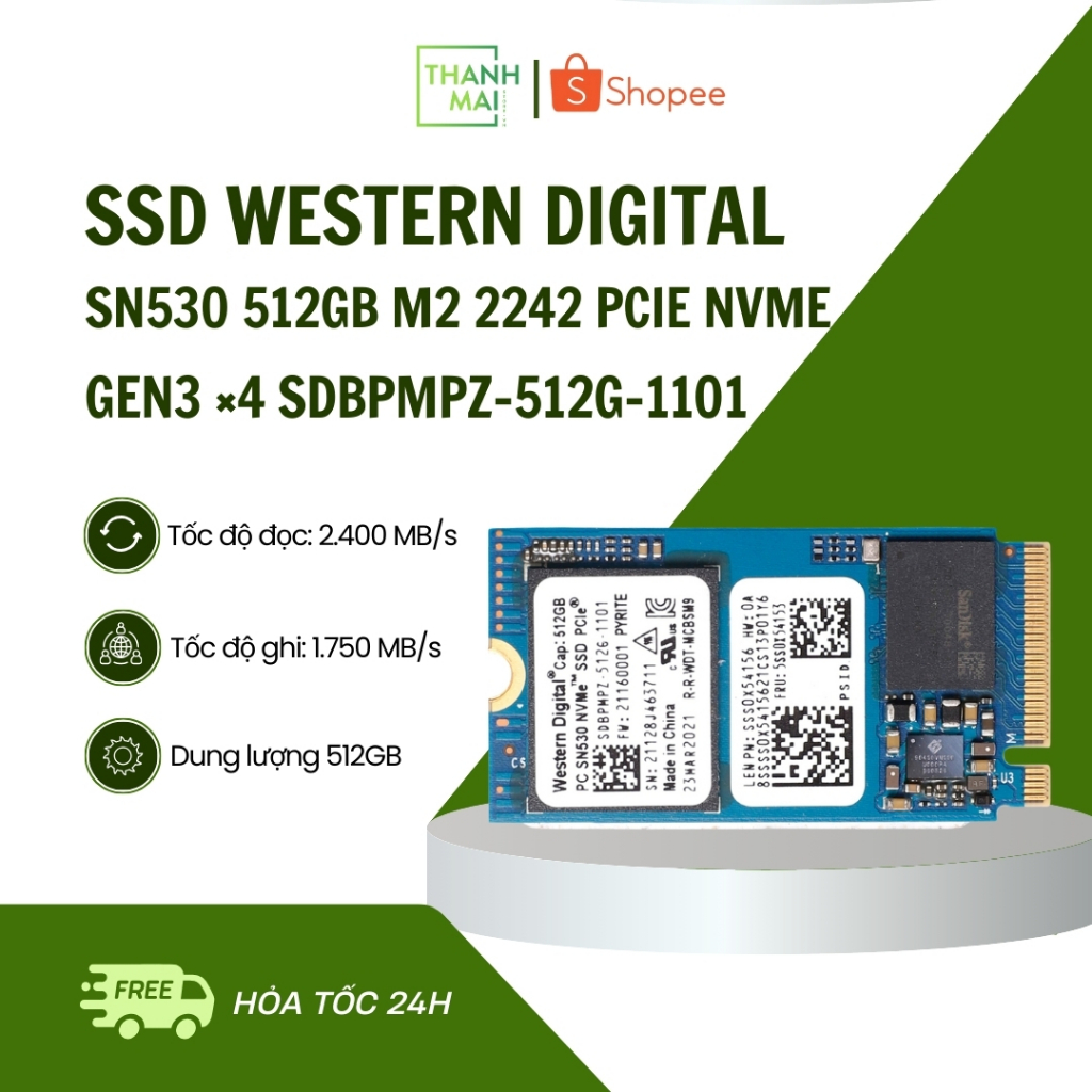 [HÀNG THÁO MÁY] Ổ Cứng SSD Western Digital SN530 512GB M2 2242 PCIe NVMe Gen 3×4  SDBPMPZ-512G-1101