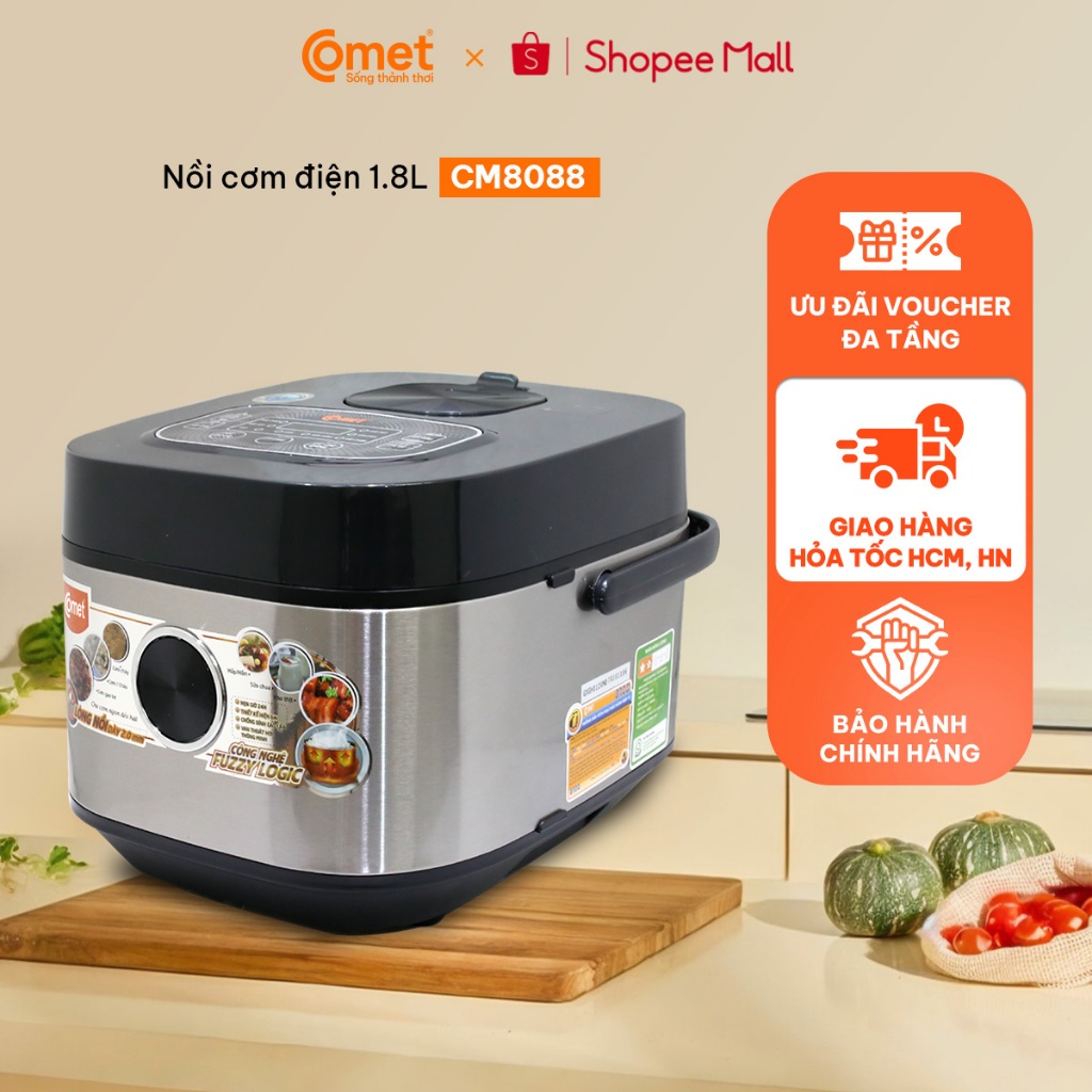 Nồi cơm điện tử 1,8 lít COMET công nghệ Fuzzy Logic, Lòng Niêu Chống Dính, 11 chức năng nấu - CM8088