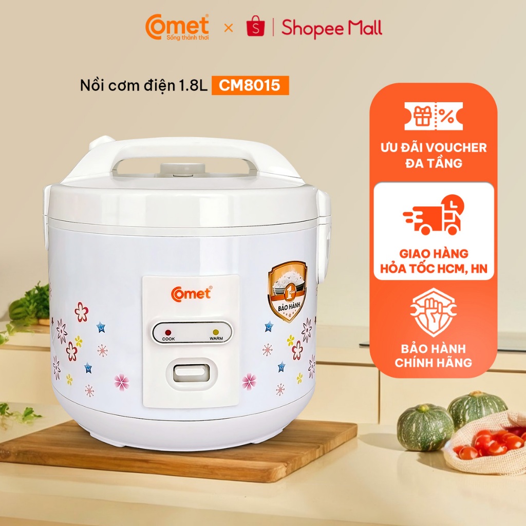 [Hỏa tốc HCM] Nồi cơm điện nắp gài 1,8L COMET 700W, cho 3-4 người, lòng chống dính, xửng hấp - CM801