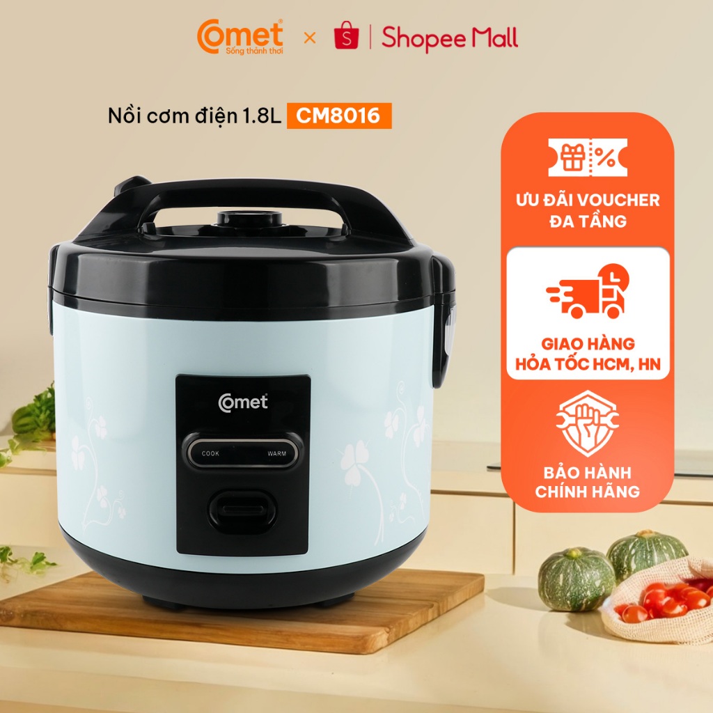 [Hỏa tốc HCM, HN] Nồi cơm điện nắp cài 1,8L COMET CM8016 chống dính, cho 3-4 người - CM8016