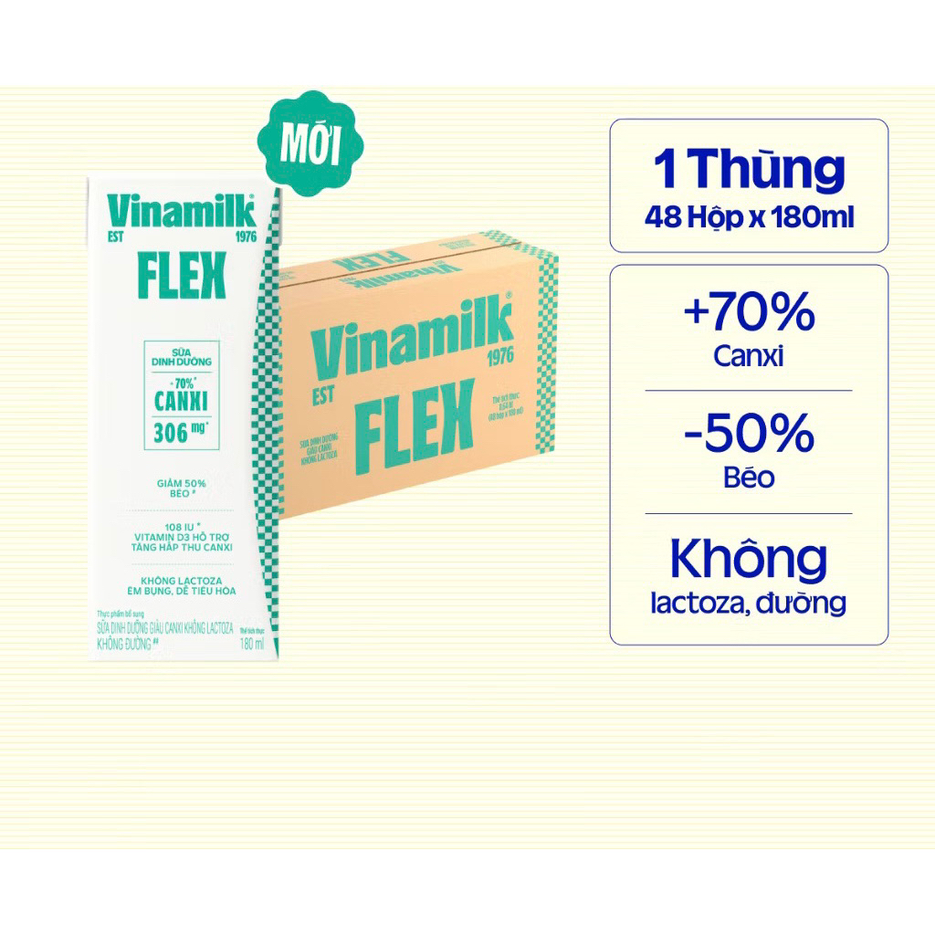 ( MẪU MỚI) THÙNG 48 HỘP SỮA FLEX VINAMILK KHÔNG LACTOSE KHÔNG ĐƯỜNG 180ML