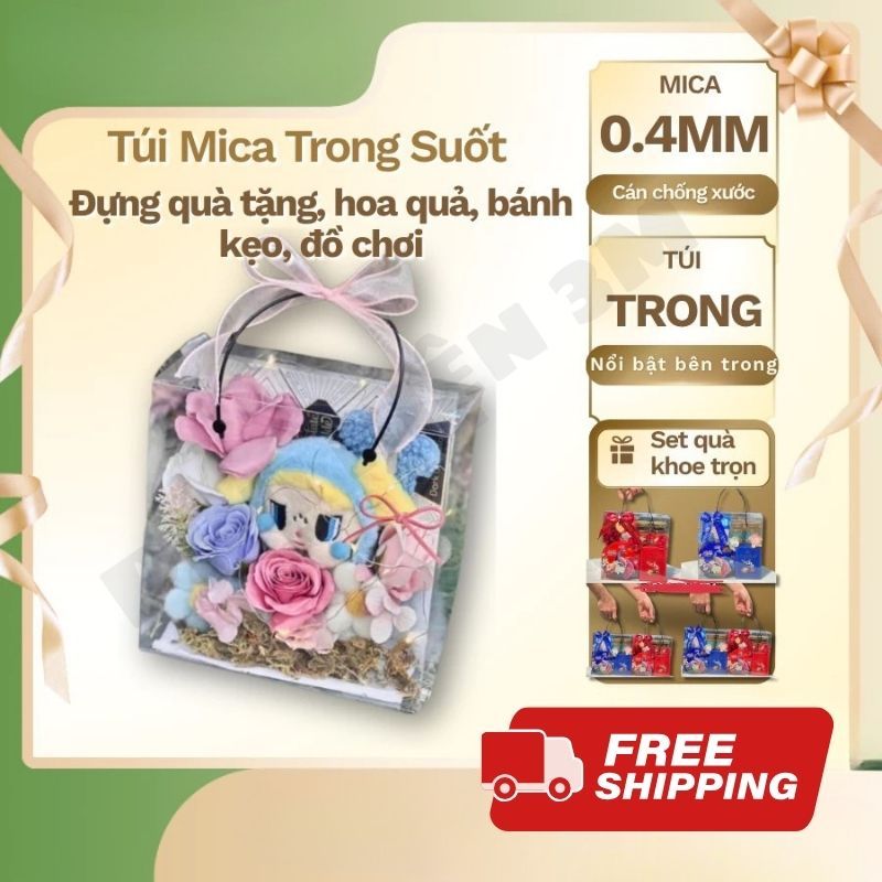 Túi hộp mica trong suốt quai đen đựng quà tặng, quà Tết, hộp mica đựng bánh kẹo, hoa, trái cây, hộp 