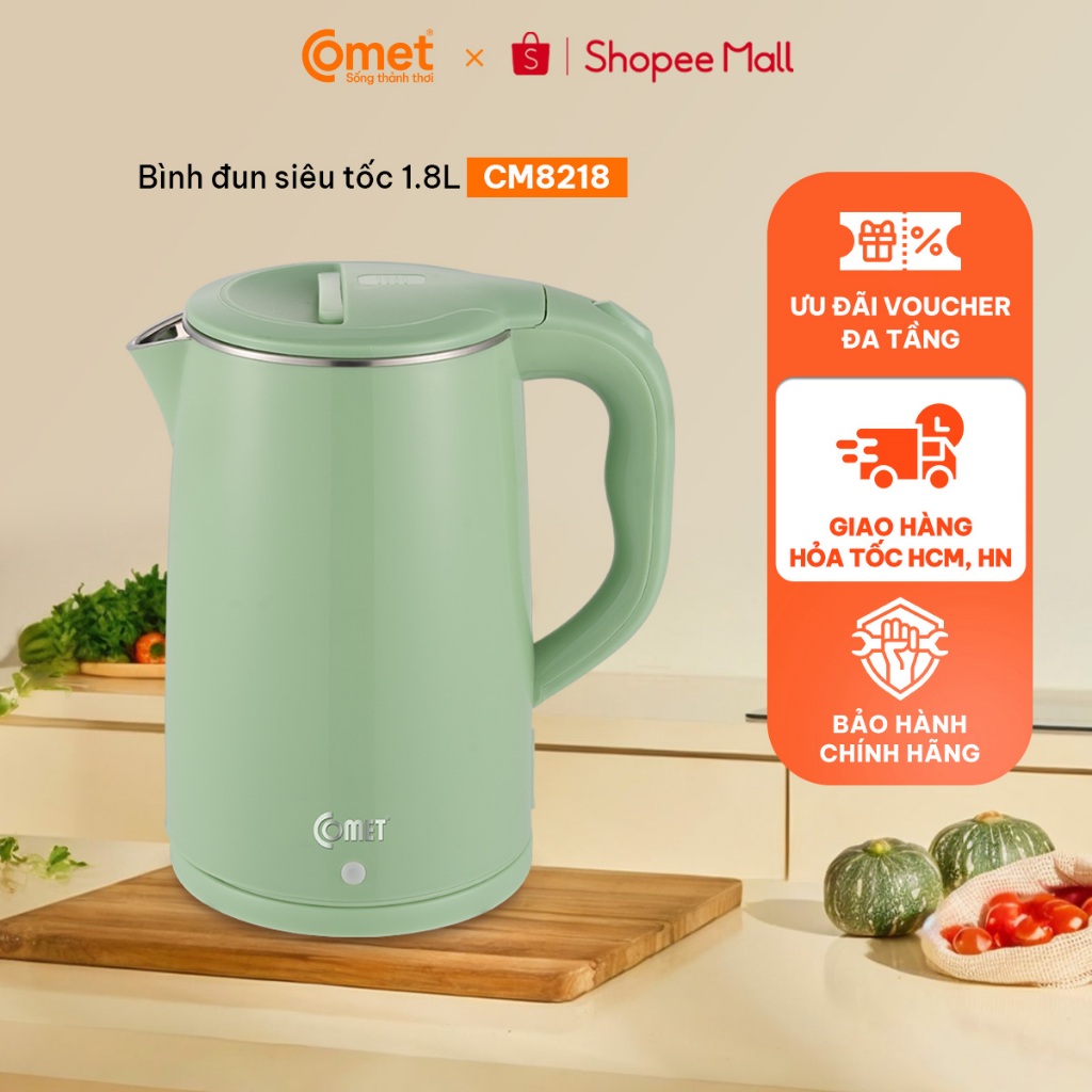[Có hỏa tốc TPHCM ] Bình đun siêu tốc inox 304 1.8L COMET - CM8218