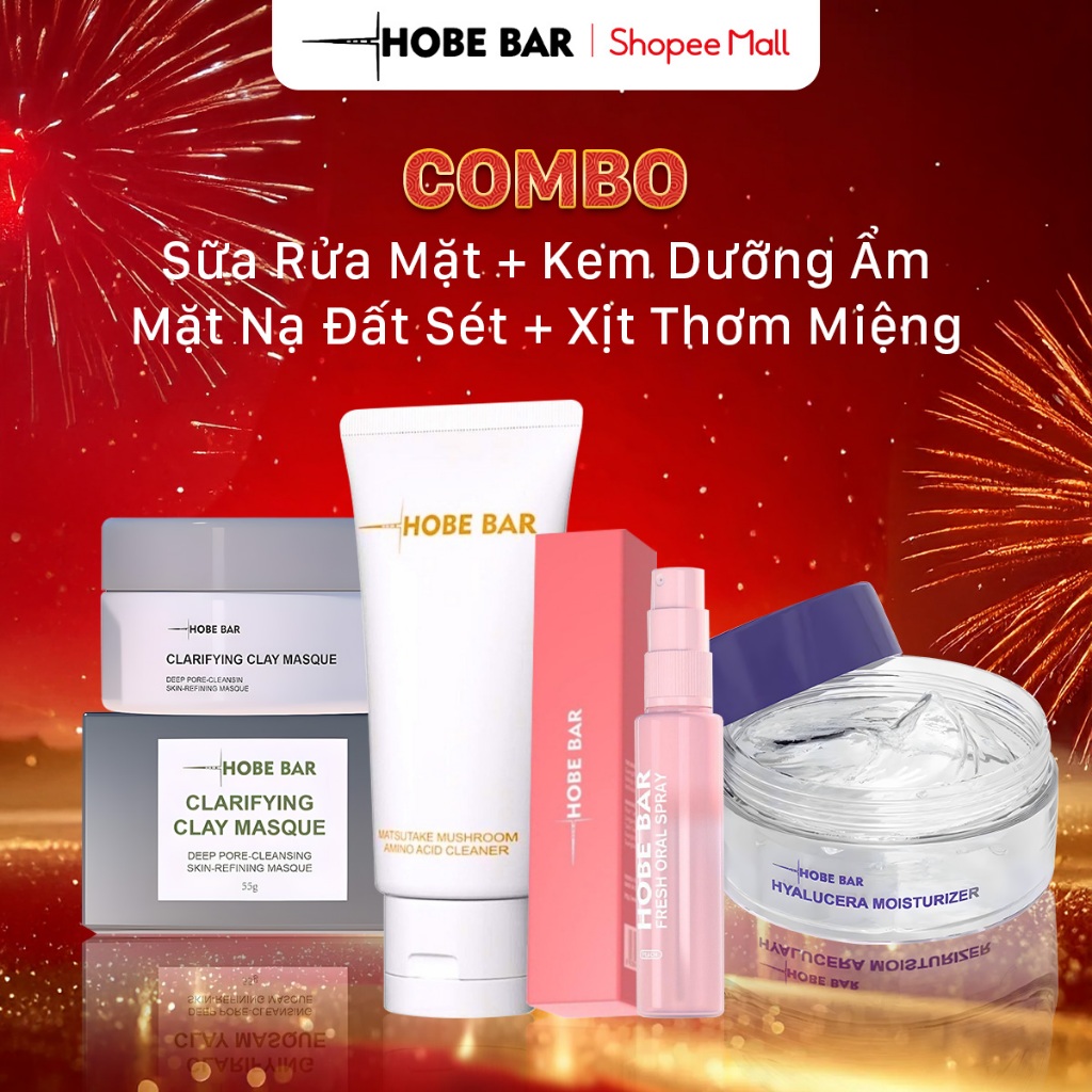 Combo Sữa Rửa Mặt + Mặt Nạ Đất Sét + Kem Dưỡng Ẩm + Xịt Thơm Miệng HOBEBAR Sạch Sâu Cấp Ẩm Hương Thơ