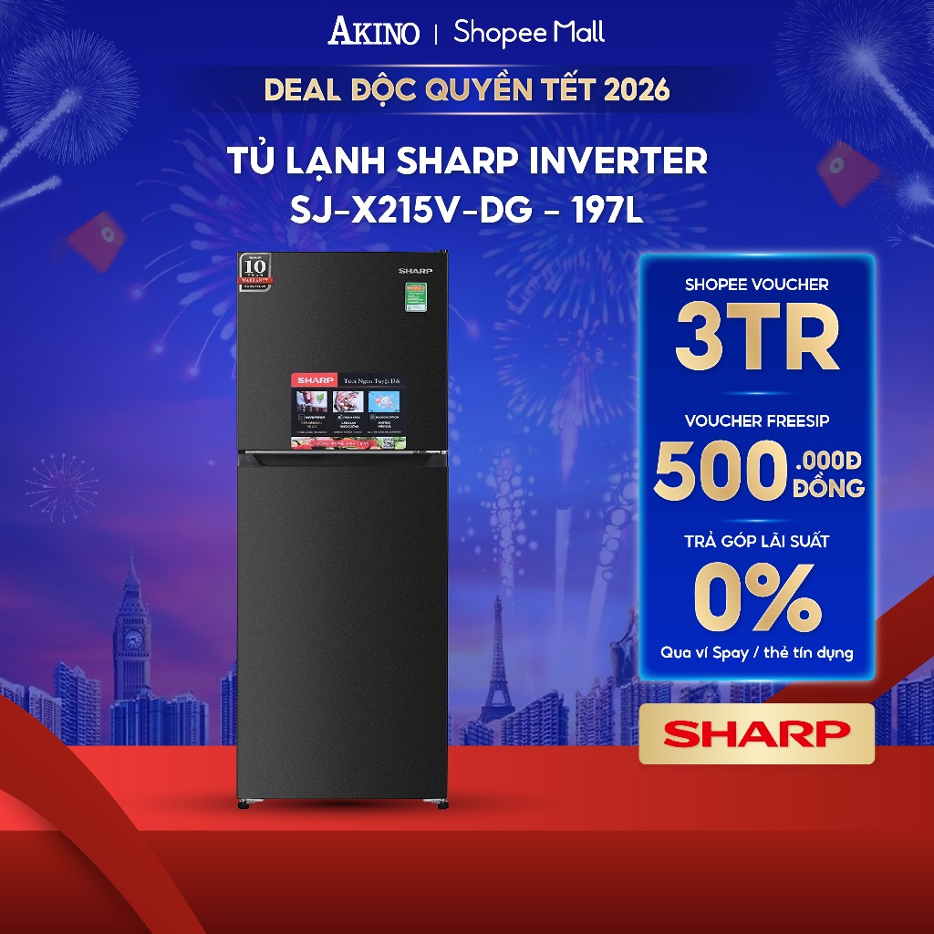 Tủ lạnh Sharp Inverter 197 lít SJ-X215V-DG - Bảo Hành Chính Hãng
