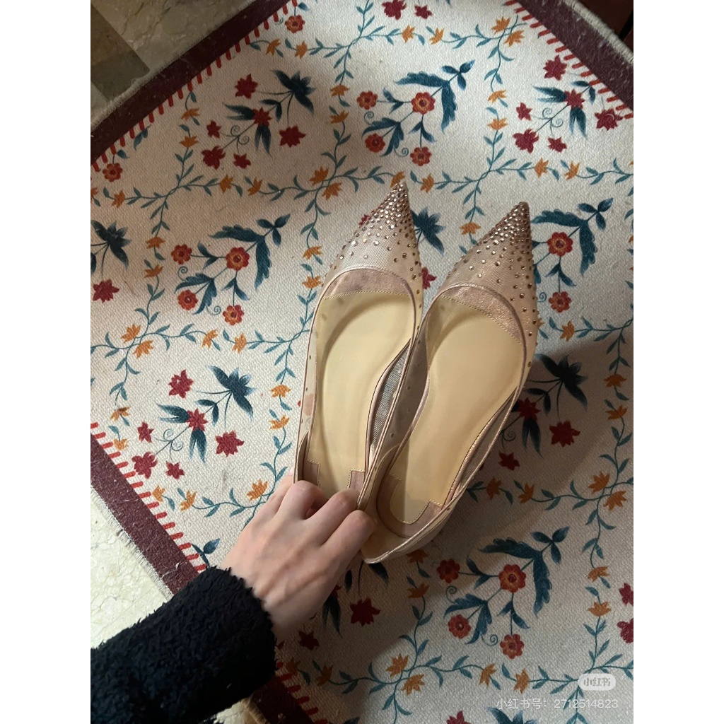 Giày búp bê đế đỏ mũi nhọn đính đá lấp lánh phối lưới sang trọng – giày nữ đi tiệc, đi làm, dạo phố 