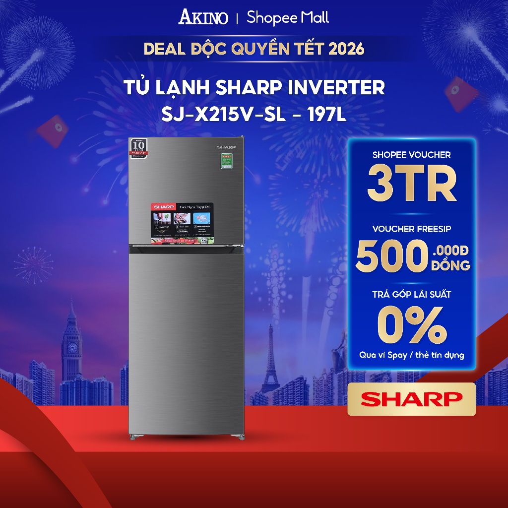 Tủ lạnh Sharp Inverter 197 lít SJ-X215V-SL - Bảo Hành Chính Hãng