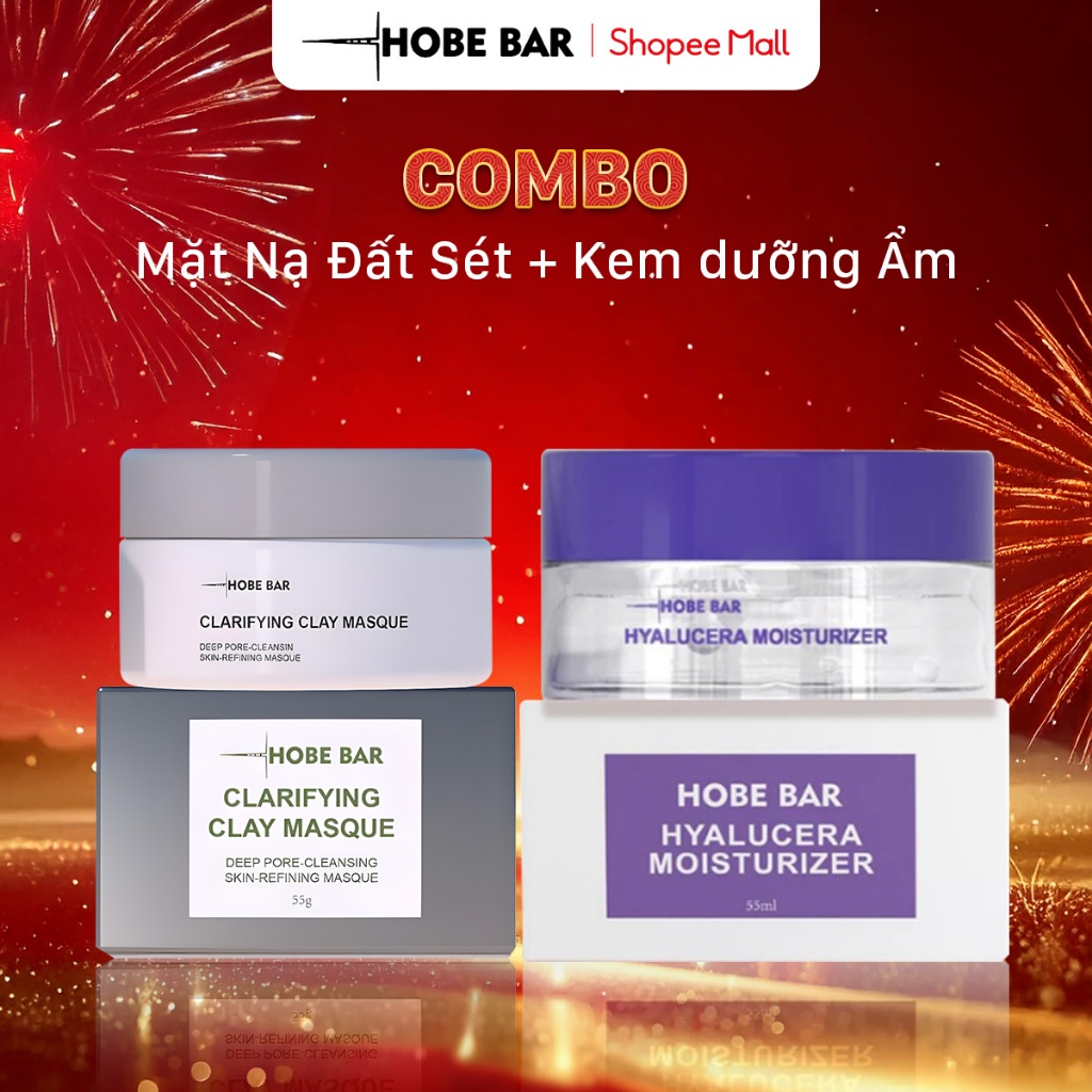 Combo mặt nạ đất sét 55g + kem dưỡng ẩm da mặt 55ml HOBEBAR phục hồi, sáng da, giảm thâm mụn dành ch