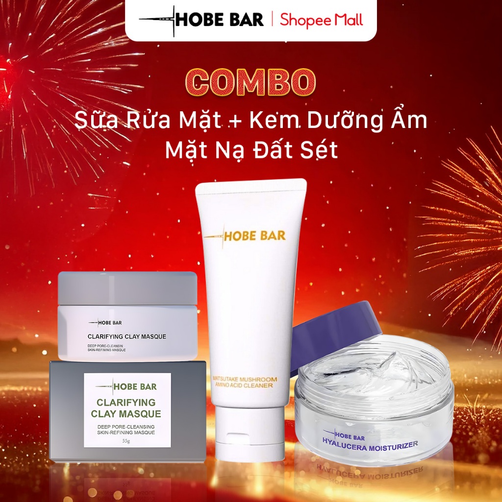 Combo Sữa Rửa Mặt 50ML + Mặt Nạ Đất Sét 55G + Kem Dưỡng Ẩm 55g HOBEBAR Làm Sạch Sâu Lỗ Chân Lông Cấp