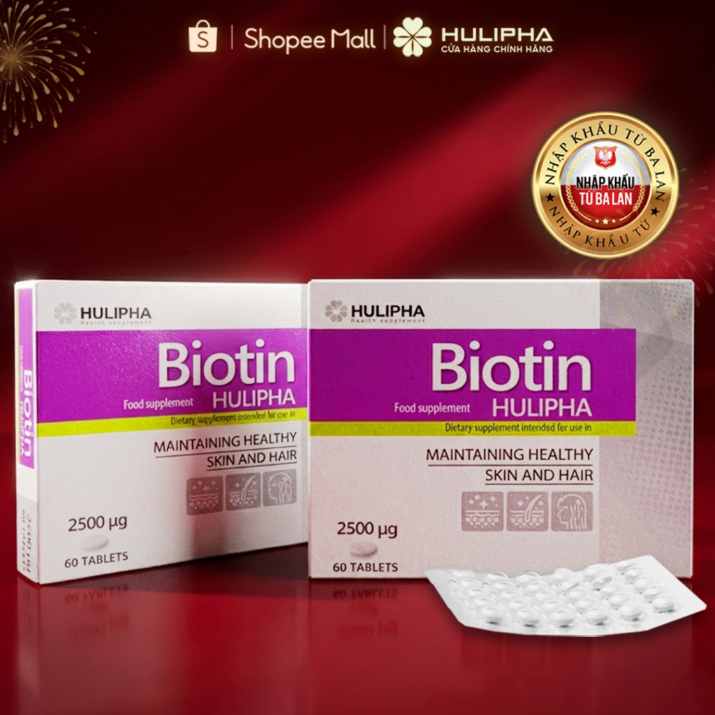 Biotin Hulipha, Giúp Mọc Tóc nhanh, Giảm Gãy Rụng Tóc, Làm Đẹp Da, Móng Nhập Khẩu Ba Lan Hộp 60 Vên