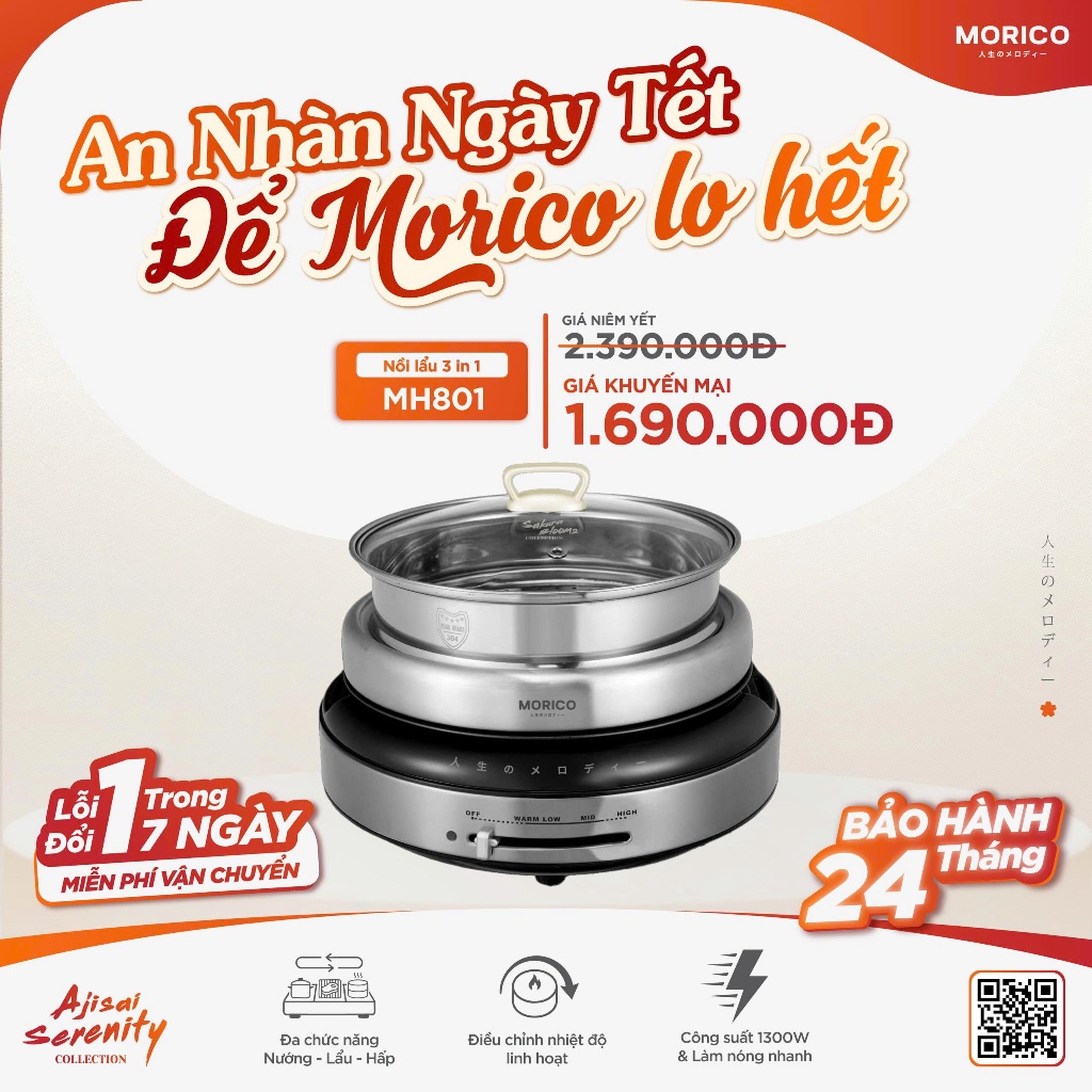 Nồi lẩu nướng hấp MORICO MH801 dung tích 4L công suất 1300W Thương hiệu Nhật Bản