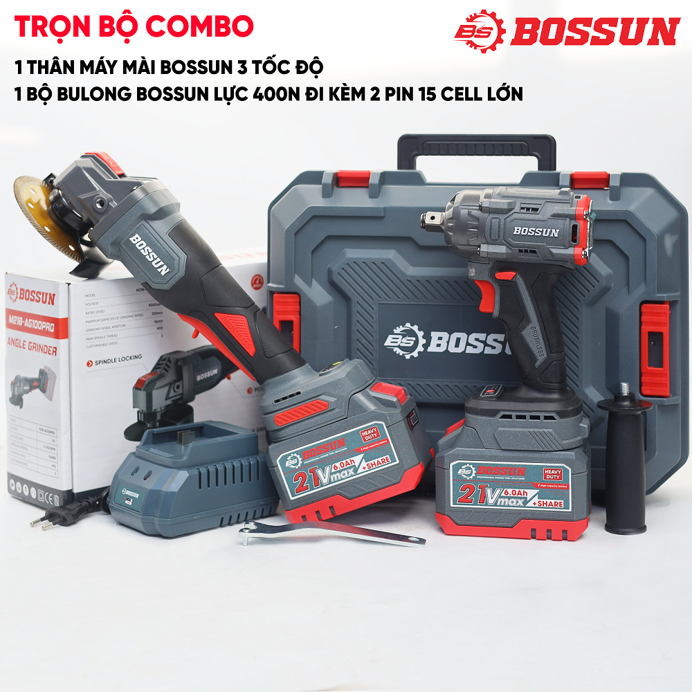 COMBO BOSSUN Máy mài pin BOSSUN M21B-AG100PRO + Máy siết bulong pin BOSSUN M21B-IW400N