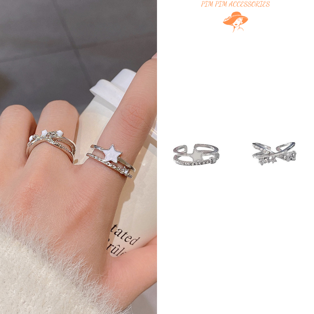 Nhẫn Nữ Mở Hình Ngôi Sao Đính Đá – Nhẫn Mạ Bạc Phong Cách Hàn Quốc, Thanh Lịch, Điều Chỉnh Size