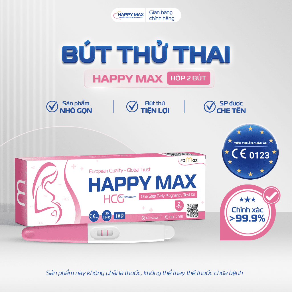 [FAMAX] Bút Thử thai Happy Max Hộp 2 bút kết quả test có thai nhanh chóng, tiện lợi, vệ sinh