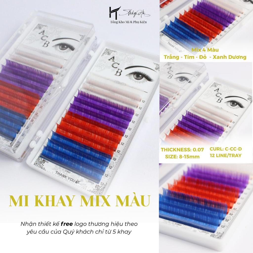 Mi Màu ACB (Mix 4 Màu) Dày 0.07, Cong C-CC-D, Dài 8-15mm (12 Line) Lông mi ACB  Thúy Hà.