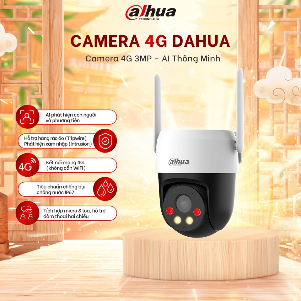 Camera IP 4G Ngoài Trời Dahua 3MP/5MP, Đàm thoại 2 chiều, Chống nước IP66,Cảnh báo đèn và còi , DH-P