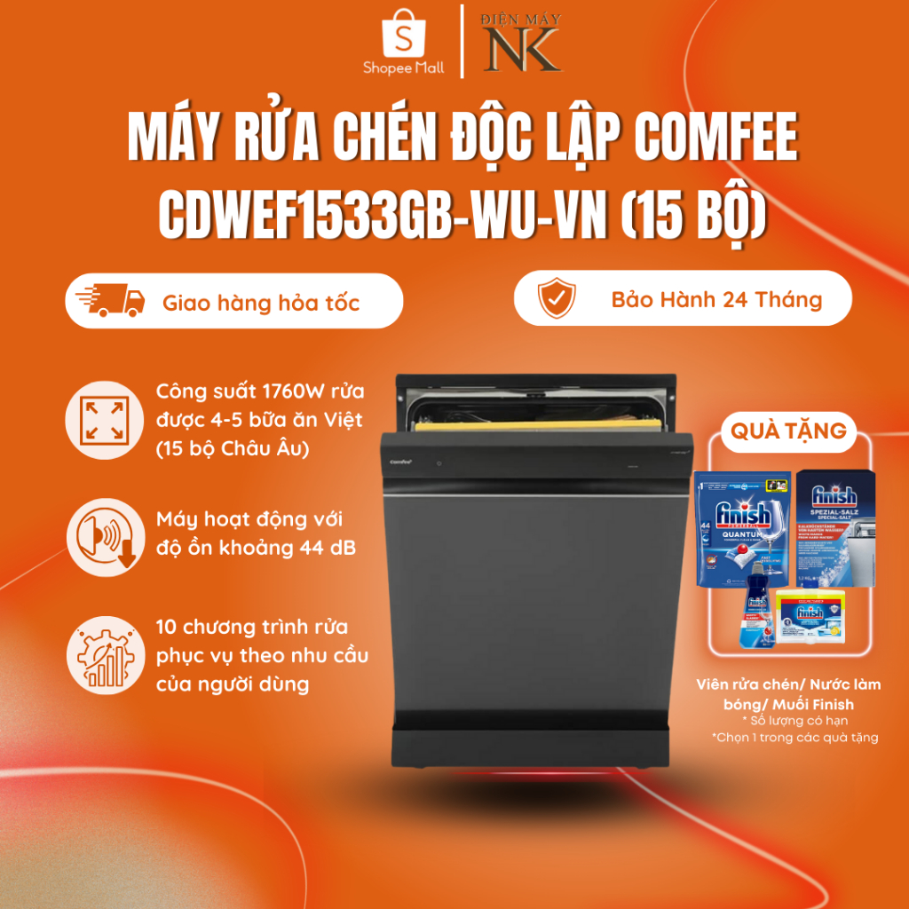 [MIỄN PHÍ LẮP ĐẶT TOÀN QUỐC] Máy rửa chén thông minh Comfee CDWEF1533GB-WU-VN 15 bộ - Bảo hành 24 tháng