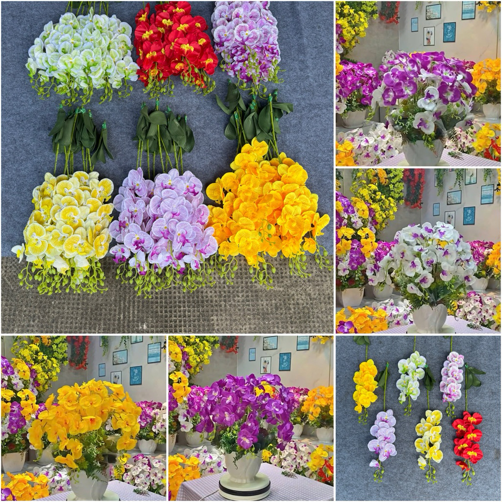 H363 Sỉ 10 Cành hoa Lan vải có lá,hoa lan hồ điệp vải chất liệu vải, trang trí decor nhà cửa hàng, t