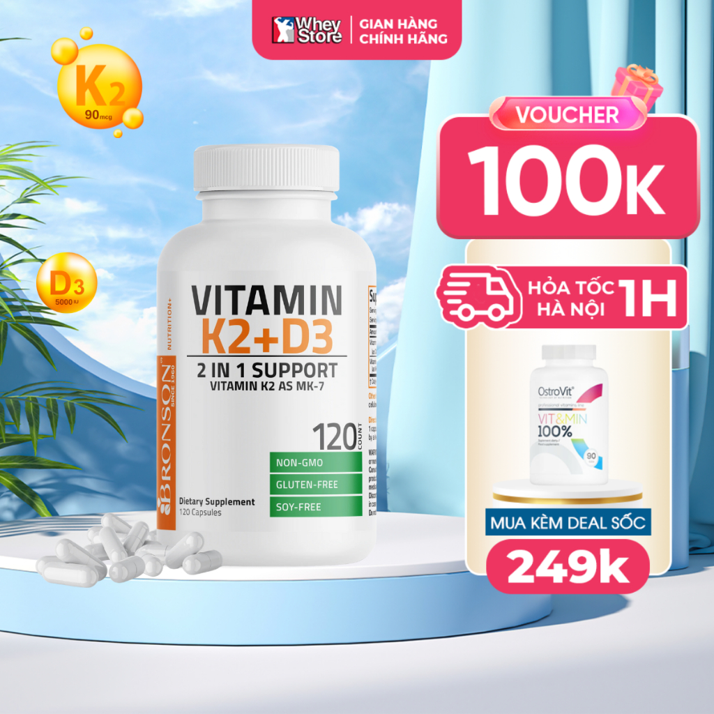 Tăng Cường Sức Khỏe Bronson Vitamin K2 + D3 + MK7 120 Viên Tăng Chiều Cao, Chắc Khoẻ Xương, Bổ Sung 